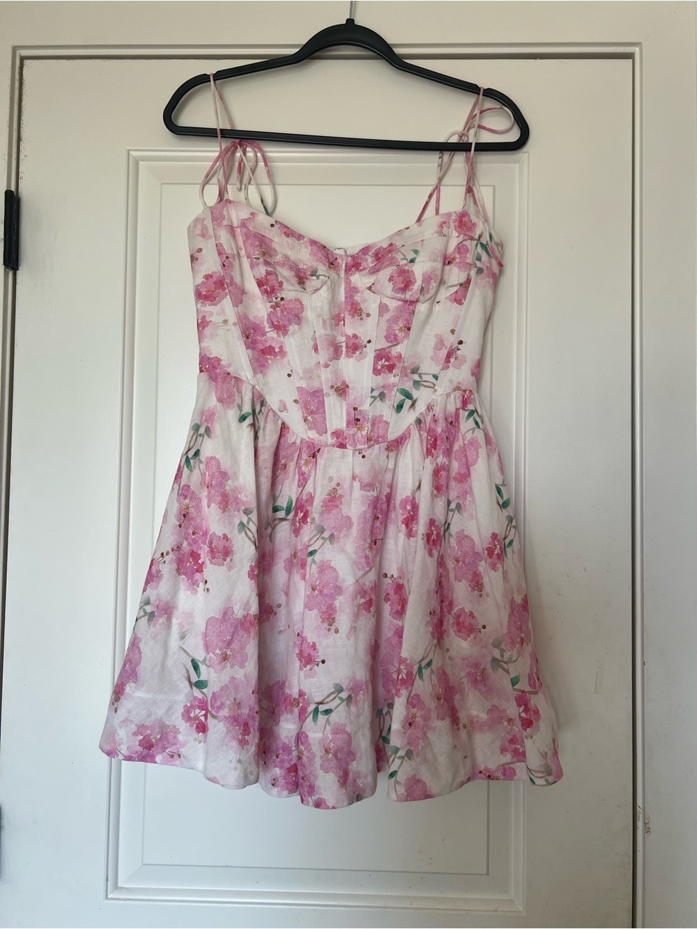 Bardot Pink and White Floral Mini Dress with Spaghetti Straps